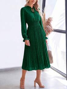 PRETTYGARDEN Women's Spring Fall Midi Dress Casual Long Sleeve V Neck Swiss Dot Pleated A Line Flowy Dresses New Years Party Valentine Vacation Dresses For Women - 墨綠色 - 查看 4