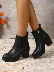 Women's Chunky Low Heel Chelsea Ankle Booties, Fashion Platform Fall Boots With Side Elastic Panels - 黑色 - 查看 2