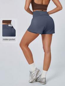 NcmRyu 1pc Women High Waist Hidden Pocket Lined Yoga Shorts Sports - Dark Green - View 11