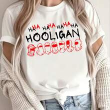 Camiseta de manga ccomndota con cuello redondo y estampado transpirable para mujer, talla grande, con estampado gráfico de temática hooligan - Camiset - Blanco - Ver 1