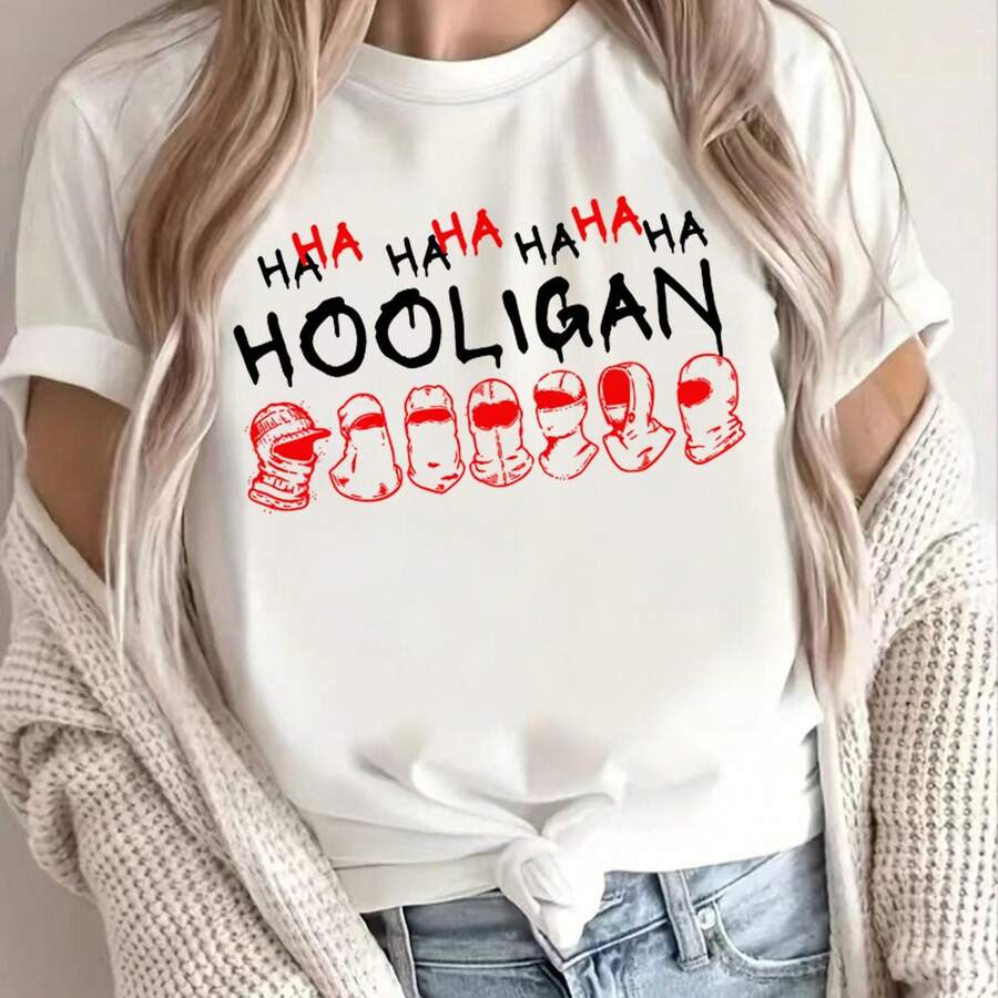 Camiseta de manga ccomndota con cuello redondo y estampado transpirable para mujer, talla grande, con estampado gráfico de temática hooligan - Camiset - Blanco - Ver 1