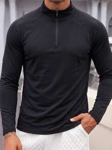 Men's Black Half-Zip Stand Collar Long Sleeve T-Shirt, Raglan Sleeve, Minimalist Commute Solid Color Basic Pullover Layering Base Top - Black - View 5
