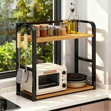 2-Tier Spice Rack Countertop Organizer Shelf, Space Saving Coffee Bar Shelf With Carbon Steel & Wood – Easy Assembly, Multi-Purpose Kitchen Storage Rack - Black - View 4
