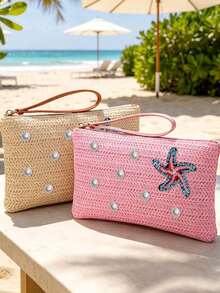 Beach Straw Woven Makeup Bag, Rhinestone Starfish And Pearl Decor, Women's Clutch, Summer Vacation Zipper Coin Purse, Bohemian Style Wrist Bag, Portable Makeup Bag, Woven Wrist Bag, Tropical Style Bag, Suitable For Travel, Beach Vacation, Outings, School, Daily Use, Unique Birthday Gift, Holiday Gift, Party Gift, Vacation Gift, Back To School Gift, Teacher Gift - Multicolor - View 4