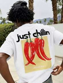 Men's T-Shirt In Soft Fabric, "Just Chillin Chili" Design Printed On The Front And Back, Casual Streetwear Style, Vintage Food Motif, White T-Shirt For Summer. - White - View 3