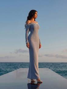 Sexy Long Gown Sleeve Off-Shoulder Heavy Pearl & Rhinestone Embellished Fitted Long Bandage Elegant Wedding Bridesmaid Birthday Party Prom Formal Fall - Grey - View 8