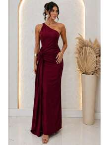 Women's Luxury One-Shoulder Draped Long Dress, Elegant, For Parties, Weddings, And Glamour. - Gỗ đỏ - Xem 1