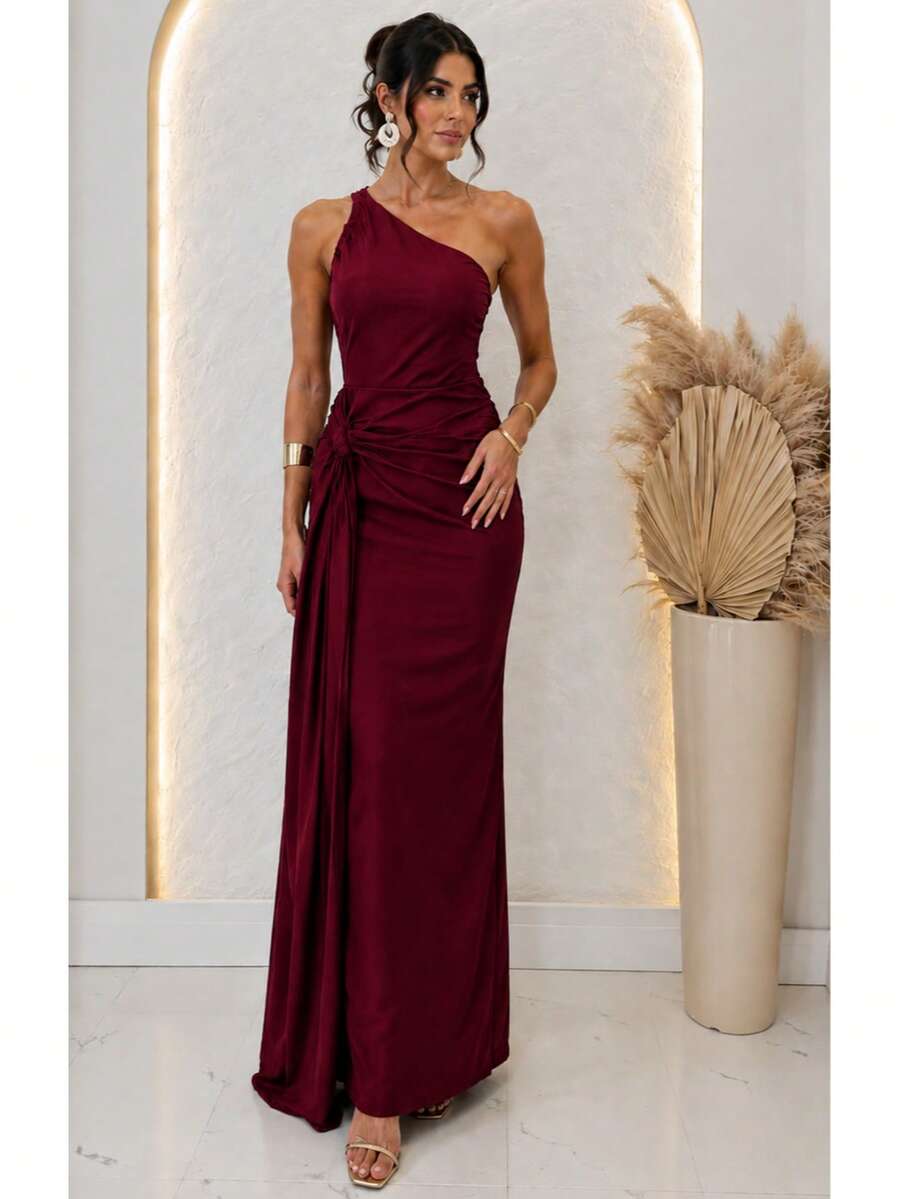 Women's Luxury One-Shoulder Draped Long Dress, Elegant, For Parties, Weddings, And Glamour. - Gỗ đỏ - Xem 1