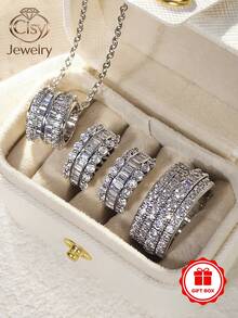 4pcs Luxurious Cubic Zirconia Ring, Necklace, Earrings Jewelry Set With Gift Box, Designed For Women, Suitable For Wedding, Engagement, Anniversary, Party, Jewelry, Valentine's Day Gift And Other Occasions - 1# - View 12