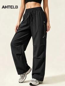 AHTELB Women's Solid Color Draped Loose Cargo Pants, Fashionable Wide Leg Style, Thin Ice Silk Breathable Casual Sports Versatile All Season Long Pants, Suitable For Daily Commute And Outdoor Hiking And Exploration Activities, Women's Pants, Pants, Women's Sports Pants, Sports Pants, Women's Hiking Apparel, Hiking Pants, Women's Hiking Gear, For Friends, Wives, And Girlfriends - Black - View 3