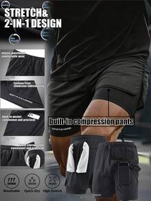 2-In-1 Double Layer Men's Shorts With Built-In Compression Liner, Summer Sports Quick-Dry 3/4 Length Elastic Casual Pants, Boyfriend Black - Black - View 9