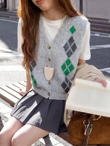 Alicedudu Cardigan Vest Rajut Minimalis Kasual Musim Gugur untuk Wanita dengan Motif Bunga dan Warna Kontras - Grey - View 6