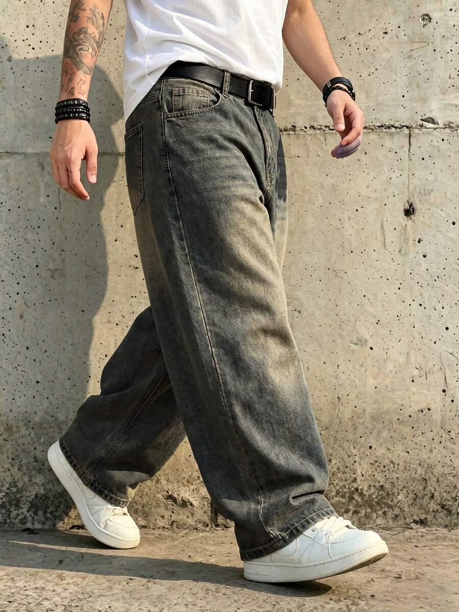 1 buah Celana Jeans Pria Model Longgar Kaki Lebar Gaya Vintage, Tidak Melar, Cocok untuk Pakaian Kasual dan Kerja - Dusty Blue - View 1