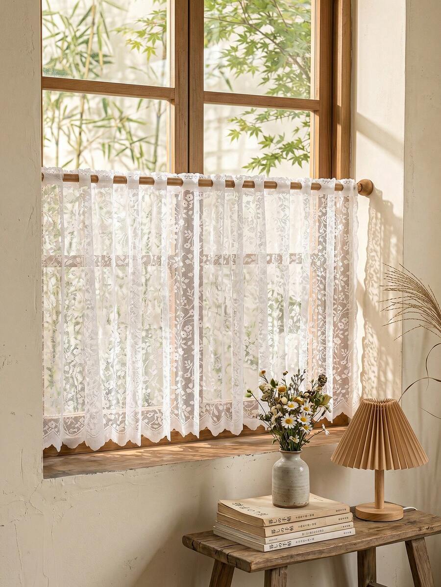 1pc Fresh Pastoral Style Small Flower Lace Cafe Curtain, Suitable For Kitchen Cabinet, Bay Window, Door Curtain Divider, Home Decor - White - View 1