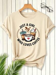 「Just A Coffee Loving Girl」圖案 T 恤，可愛咖啡愛好者圖案 T 恤，休閒美學短袖，俏皮美食風格上衣，適合夏季 - 杏色 - 查看 7