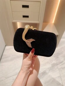 1 Peça Bolsa Clutch de Decoração Sereia Metálica Brilhante de Design de Alto Padrão, Bolsa Mini Feminina de Caixa Dourada Vintage Luxuosa e Cintilante, Elegante, Charmosa, Requintada, Bolsa de Festa da Noite para Casamento/Festa Formal com Tema/Baile/Festa de Coquetel/Festa de Aniversário, Acompanha Corrente - Preto - Visão 6