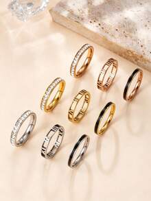 Set de 3 anillos de acero inoxidable con diamante de imitación, estilo europeo y americano de lujo, adecuado para uso diario y como regalo - Oro rosa - Ver 6