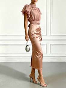 Elegant 2-Piece Dresses Set For Women Chiffon Ruffle Sleeve Top & Satin Midi Party Dress Formal Birthday Wedding - Champagne - View 4