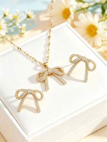 1 Set Stainless Steel Chain Zirconia Bow Pendant Fashion Necklace & Earrings Jewelry, Gift Accessory - Style a - One Size - View 4