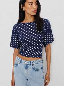 Vela Rue Waist Tie Bow Solid Color Batwing Sleeve Boat Neck Fitted Elastic Navy Blue T-Shirt Casual - Navy Blue - View 6