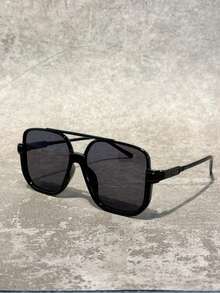1PC Vintage Double Bridge Aviator Fashion Glasses, Unisex Versatile Photo-Worthy Accessory - Black - View 1