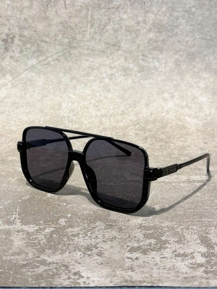 1PC Vintage Double Bridge Aviator Fashion Glasses, Unisex Versatile Photo-Worthy Accessory - Black - View 1