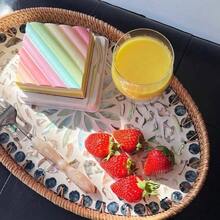 3 Peças/1 Peça Bandeja de Frutas Tecida à Mão - Prato de Decoração Doméstica em Formato Oval, Design com Incrustação de Conchas Coloridas e Borda Tecida, Armazenamento Empilhável para Pão, Frutas, Lanches ou Itens Pequenos, Velas, Etc., Bandeja de Armazenamento Multiuso Premium para Casa/Cozinha/Sala de Jantar, Bandeja de Servir. Material Tecido Durável, Decoração de Conchas (Sem Contato com Alimentos) - colorido - Visão 6