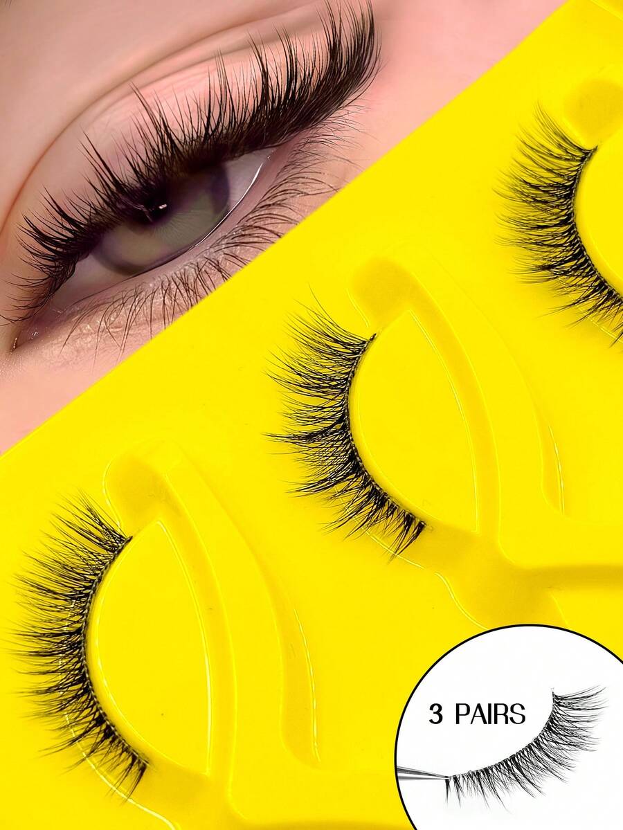 Asiteo 3 Pairs Cat Eye Transparent Stem 3/4 Segment False Eyelashes, Natural Fluffy Short Lash Extensions, Suitable For Daily Makeup, Commuter Makeup, Beginner Friendly - Black - View 1