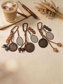 1PC Wooden Style Tennis Racket Keychain, Handmade Pendant For Bag Car, Brown Mini Sport Key Ring, Unique Gift For Him - Multicolor - View 2