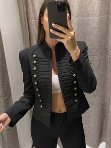 Vintage Military Style Gold Button Short Blazer, Women's Stand Collar Padded Shoulder Elegant Black Short Jacket, Fashionable Evening Outerwear - Black - View 7