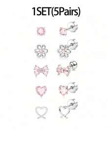 5 Pairs Women's Hypoallergenic Earrings, Cute Screw Back Earrings, Surgical Steel Cute Pink Butterfly Heart Flower CZ Flat Back Studs - 5 Pairs Of Pink Stud Earrings + Butterfly Stud Earrings - View 10