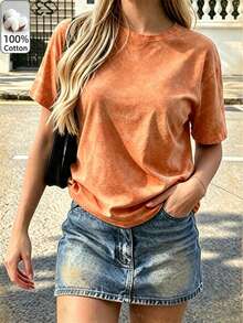 Women's Casual Knitted Short Sleeve T-Shirt, Distressed Orange Round Neck, Cute & Elegant Top, Suitable For Autumn Wear, Medium Stretch Fabric, Outdoor, Y2K, Street Style - Orange Red - View 3