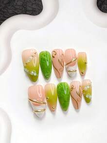 10pcs Exquisite Elegant Handmade Press-On Nails, Polygel Nail Set, Blue Bubble Bead Decor, Hand-Painted Gold Glitter Accents, Green Nail Polish, Fresh Style, Includes Nail Tools, 3 Sizes Available, Almond, Duck, Coffin Shape, Suitable For Party, Dancing, Daily Wear - 彩色 - 查看 18