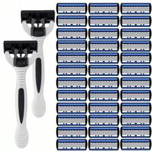 2 Razor Holders + 36 Blades, 6-Layer Manual Razor, Unisex, Stainless Steel Replaceable 6-Layer Blade Shaving Tool - Grey - View 2