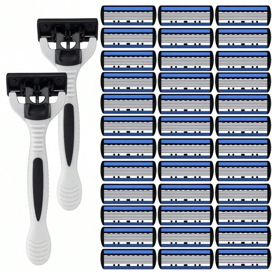 2 Razor Holders + 36 Blades, 6-Layer Manual Razor, Unisex, Stainless Steel Replaceable 6-Layer Blade Shaving Tool