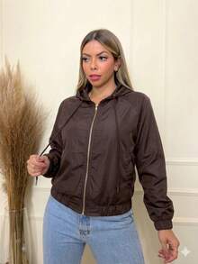 Women's Bomber Jacket, Lined, Colorful, With Hood, Pockets, And Zipper - Café integral - Ver 1