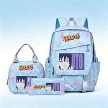 Miniso Naruto Sasuke Uchiha 3Pcs Canvas Backpack Set, Iconic Shinobi Print Student Bag Combo - Blue - View 4