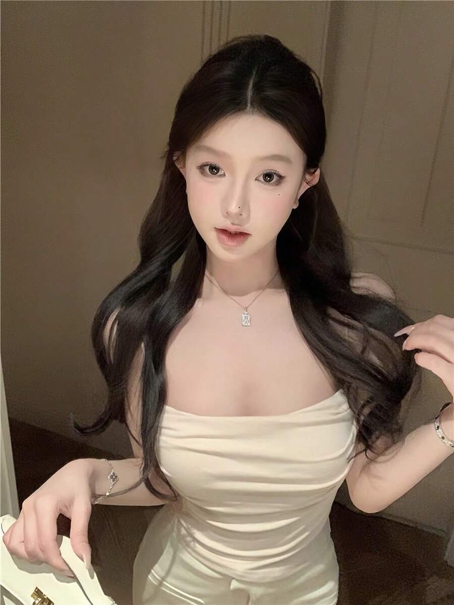 性感辣妹加厚內墊平領百褶設計休閒夏季短版背心上衣 - 杏色 - 查看 1