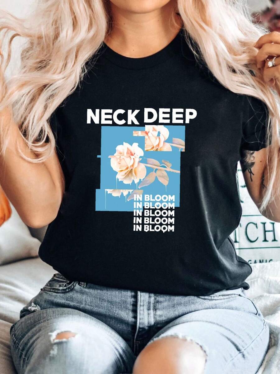 Camiseta de mujer con estampado "Neck Deep Band In Bloom Flower" de algodón unisex talla S-5XL SC279 - Negro - Ver 1