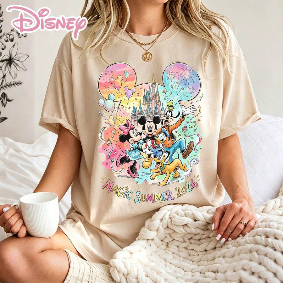 This Is A 100% Cotton Disney Women's T-Shirt, 2026 Magical Summer Character Prints, Suitable For Vacations, Parties & Daily Wear. - Apricot - View 1