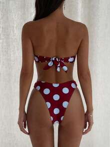 Conjunto de Bikini de Dos Piezas con Top Bandeau a Lunares Rojo Vino y Azul, Traje de Baño Sexy y Elegante para Mujer, Moda de Verano para Playa, Vacaciones y Fiestas - Multicolor - Ver 2