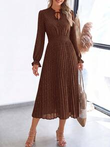 PRETTYGARDEN Women's Spring Fall Midi Dress Casual Long Sleeve V Neck Swiss Dot Pleated A Line Flowy Dresses New Years Party Valentine Vacation Dresses For Women - 深咖 - 查看 5