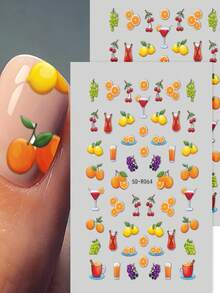 1Sheets Fruit Summer Nail Stickers 5D Embossed Orange Lemon Cherry Drink Design Self Adhesive Nail Decals, Cute Juicy Fresh Fruits Nail Art Decorations,For Summer Beach Vacation DIY Nail Decor - Multicolor - View 2