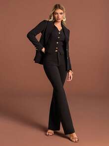 Setelan Jas Wanita Hitam Bergaya dengan Aksen Kancing Emas, Kerah, Blazer Lengan Reguler, dan Kain Non-Stretch untuk Tampilan yang Terdefinisi - Hitam - View 4