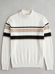Men's Knitted Apricot & Black Striped Sweater - White - View 5