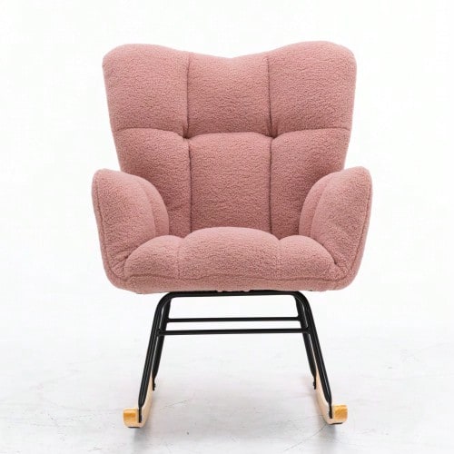009 Mid Century Modern Rocking Chair In Teddy Fabric With Tufted Cover, Padded Seat For Living Room And Bedroom - 粉色 - 查看 1