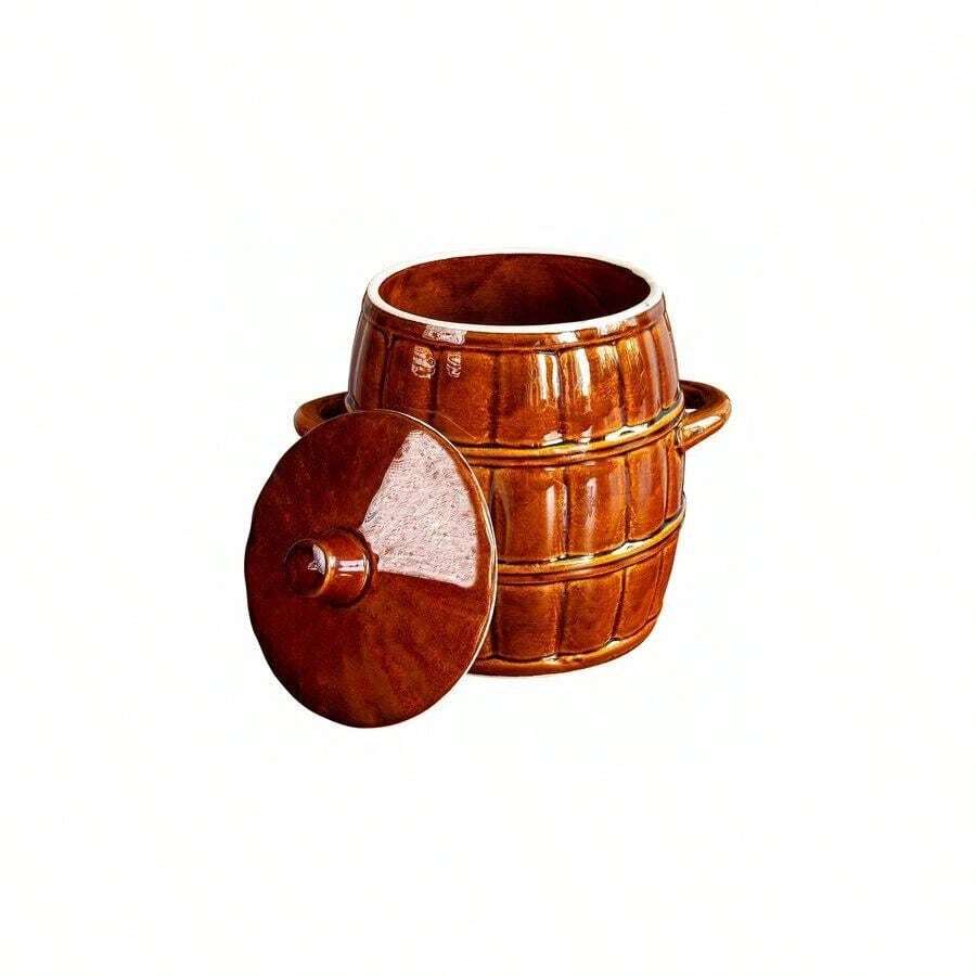Stoneware Barrel Crock Pot With Lid 3.2L Kitchen Cooking Pickling - 查看 1