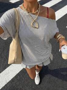 極簡法式風夏季女款黑白條紋露肩不對稱抓褶短袖T恤上衣,簡約休閒風,寬鬆垂墜不對稱版型,適合度假、海灘、街頭、日常、外出場合,送給朋友的最佳禮物,優雅休閒短袖上衣 - 白色 - 查看 6