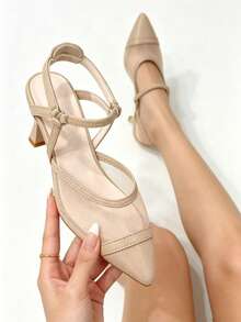 Sandalias de tacón grueso con punta puntiaguda y malla beige, zapatos con correa de estilo francés de espalda abierta, tacones altos versátiles y transpirables con una vibra suave para ir al trabajo - Beis - Ver 1