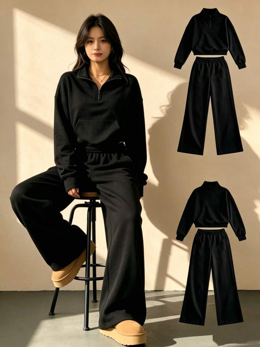 Women's 2-Piece Set With Striped V-Neck Off-The-Shoulder Long-Sleeve Top And Elastic Waist Striped Pants, Winter Sweater Suit, Autumn/Winter - 黑色 - 查看 1